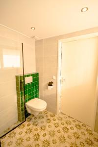 a bathroom with a toilet and a green and white tiles at Sauke Jaap in Buren