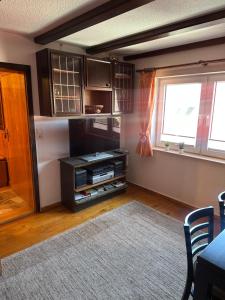 a living room with a tv and a window at Ferienwohnung Marie in Kurort Steinbach-Hallenberg
