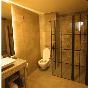 a bathroom with a toilet and a sink and a shower at Esin Hotel in Denizli