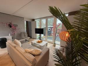 a living room with a couch and a tv at Detached Hoenderloo veluwshof in Hoenderloo