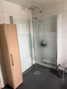 a shower with a glass door in a bathroom at Lägenhet 2 sovrum med vardagsrum och kök i villa med gemensam ingång in Stockholm