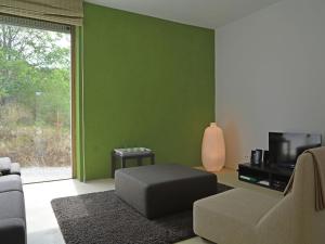uma sala de estar com uma parede verde e um sofá em Luxury g te in a renovated farmhouse em Rieux-Minervois