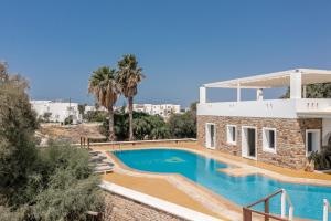 a villa with a swimming pool and palm trees at Plaka Hotel II in Plaka