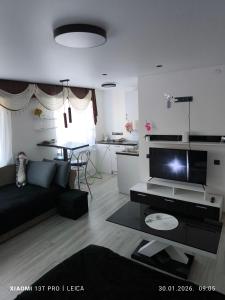 a living room with a black couch and a tv at Atpūta pie Gora in Rēzekne +10 photos