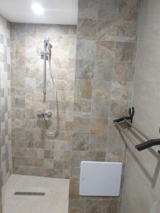 a shower in a bathroom with a tile wall at Dar Zmen Toujane in Tūjān