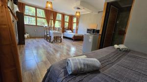 a bedroom with a bed and a living room at Cabaña Lumen in Uspallata