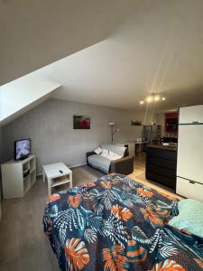 a bedroom with a large bed and a kitchen at Studio confortable proche thermes in Salins-les-Bains