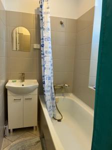 a bathroom with a sink and a tub and a toilet and a mirror at Warmiński Apartament in Biskupiec
