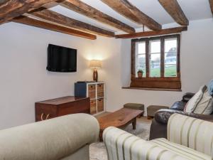 a living room with two couches and a tv at Westacombe Farmhouse in Exeter