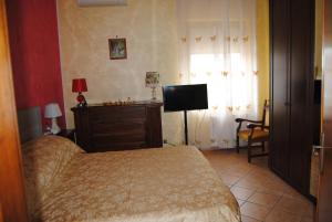 a bedroom with a bed and a tv and a window at A&M House in Vignanello