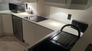 a small kitchen with a sink and a microwave at Holiday house with private jaccuzi - Leuven city center in Leuven