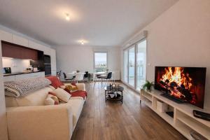 a living room with a couch and a fireplace at L'Instant Cocoon central-parking-4prs in Bourg-en-Bresse