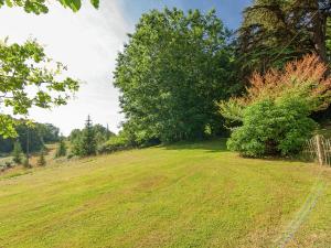 a large grassy field with trees in the background at Impressive restored farmhouse with private pool surrounded by woods in Campsegret