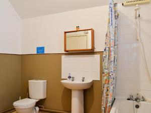 a bathroom with a sink and a toilet and a mirror at Macdonald Cottage in Balnald +3 photos