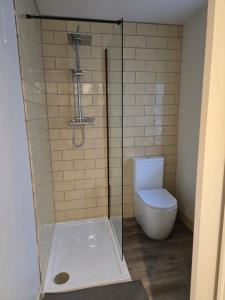 a bathroom with a toilet and a glass shower at Studio 3 - Stylish apartment central to hospital and racecourse in Cheltenham +6 photos