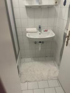 a small bathroom with a sink and a white rug at Double Room Stegersbach in Stegersbach +8 photos