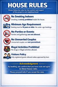 a sign that says house rules on a website at Palam Villa in Kharar