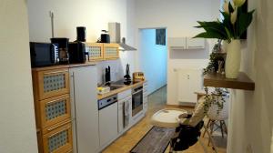a small kitchen with a stove and a sink at Ferienwohnung Hanna in Bitterfeld