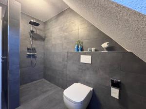 a bathroom with a toilet and a shower at Ferienwohnung Schöne Aussicht in Hinte +8 photos