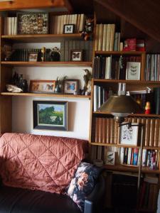 a living room with a couch and shelves of books at La Sorcière et le Korrigan in Paimpont