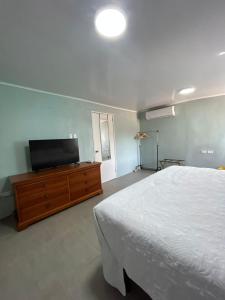 a bedroom with a bed and a flat screen tv at Apartment Ale in Savaneta