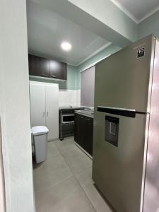 a kitchen with a stainless steel refrigerator and cabinets at Apartment Ale in Savaneta
