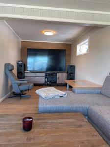 a living room with a large flat screen tv at Toppen House in Ringsaker