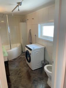 a bathroom with a washing machine and a toilet at Toppen House in Ringsaker +50 photos