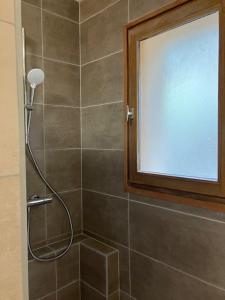 a bathroom with a shower with a shower head at maison le Rossignol in Châtillon-en-Diois