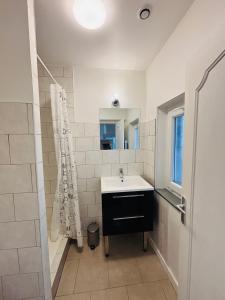 a bathroom with a sink and a mirror at Le Clemenceau - Appartements meublés in Gien +38 photos