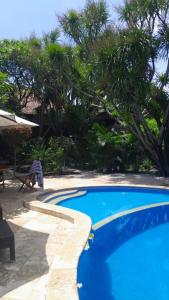 a blue swimming pool next to a resort with trees at Rumah Saga in Gili Trawangan +6 photos