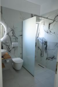a bathroom with a shower and a toilet and a sink at Vila Lori in Ksamil +41 photos