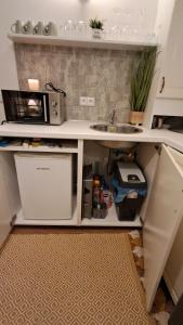 a kitchen with a sink and a microwave at Apartmán 4you in Buchlovice +13 photos