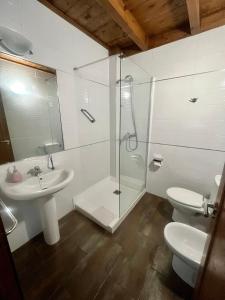 a bathroom with a shower and a sink and a toilet at Apartamentos Monterodiles in Liñero +22 photos