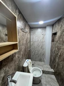 a bathroom with a toilet and a sink and a shower at VEO Apartamentos in Santa Clara del Mar