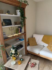 a living room with a couch and a christmas tree at Gîte: À la courbe du fleuve in Godinne