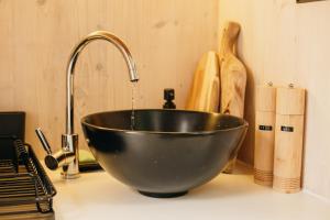 a kitchen counter with a bowl sink with a faucet at Útulna Rychleby in Vápenná