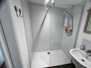 a shower with a glass door next to a sink at The Cabin at Swelle Cottages in Poundstock +13 photos