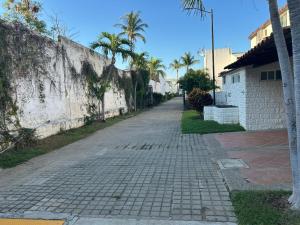 an empty street with palm trees and a wall at Casa Totalmente Equipada en Acapulco Diamante in Acapulco