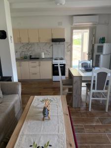 a living room with a table and a kitchen at Sasovici farmstay in Magazini