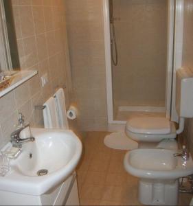a bathroom with a sink and a toilet and a shower at Hotel Bel Air Frontemare in Rimini