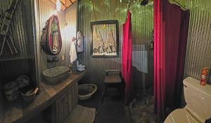 a bathroom with a sink and a person standing on a counter at Rural life on a real Christmas tree farm! Hallmark experience! in Ozark +62 photos