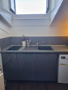 a kitchen counter with a sink and a window at Studio côté Canal Hossegor in Hossegor