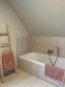 a bathroom with a bath tub with a towel and a ladder at Noordzeehuys in Middelkerke +19 photos