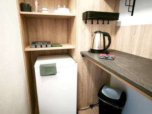 a small kitchen with a refrigerator and a counter at Vila Olivín - Private rooms with bathroom in Banská Bystrica +21 photos