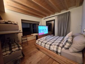 a bedroom with a bed and a flat screen tv at Green Hospitality Monolocale Stella Alpina in Livigno