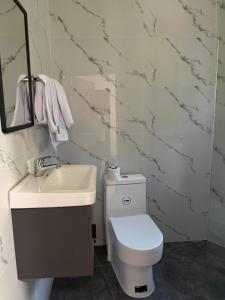 a bathroom with a white toilet and a sink at Brisas del mar 2c in Santa Cruz de Barahona