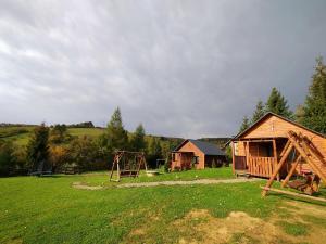 a field with a house and a playground at Domki Tepakówka in Wołkowyja +1 photo