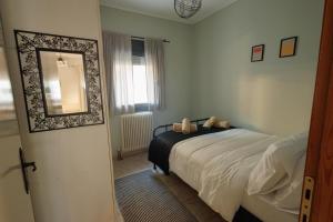 a bedroom with a bed and a mirror on the wall at Η Μουριά in Konitsa