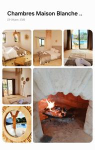 a collage of photos of a hotel with a fireplace at Chambres Maison d'hôtes MaisonBlanche in Essaouira